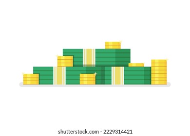 Geldstapel. Verpackung in Bündeln von Banknoten und Goldmünzen. Vektorgrafik.