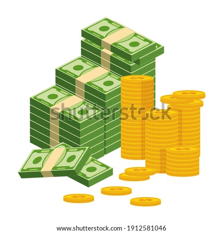 Stack of money. Packing in bundles of bank notes, bills fly, gold coins. Flat vector cartoon illustration. Objects isolated on a white background.