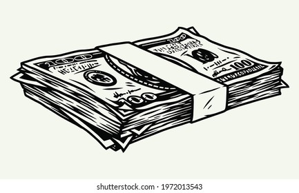Stack of money in packing tape in vintage monochrome style isolated vector illustration