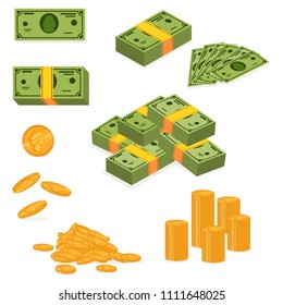 Stack of money and pile of cash. Dollar banknote and gold coins icons set. Vector cartoon flat illustration of paper and metallic currency isolated on white background.