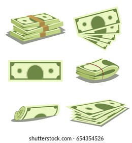 Stack of money and pile of cash. Dollar banknote icons. Vector cartoon illustration of paper currency isolated on white background.