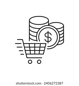 Geldstapel mit Shopping-Warenkorb Symbol Linie Stil einzeln auf weißem Hintergrund. Vektorgrafik