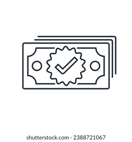 Una pila de dinero con el cartel aprobado, verificado. Presupuesto, gastos. Icono de ilustración lineal vectorial aislado en fondo blanco.