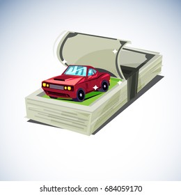 stack of moneys with smart car inside. Car  Expense reminder  - vector illustration