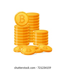 Stack  mountain gold bitcoins digital money. Cryptocurrency coins, virtual currency, capitalization. Isolated icon on white background.