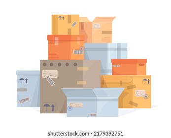 Stack moving boxes. Lot carton mail box move cargo, stockpile cardboard delivery parcel packing, supplies wholesale shopping sealed goods warehouse package neat vector illustration of carton mail box