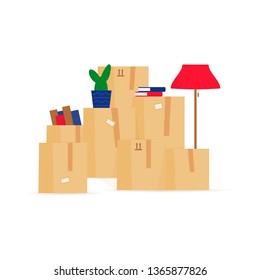 Stack of moving boxes vector illustration. Packages with furniture and personal things flat drawing. Cardboard containers with books isolated clipart. Relocation. Shipment and transportation service 