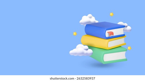Stack of multi colored books 3d icon. Education and study with books with clouds. Online class lesson banner with copy space