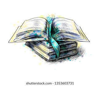 Stack of multi colored books and open book from a splash of watercolor, hand drawn sketch. Vector illustration of paints
