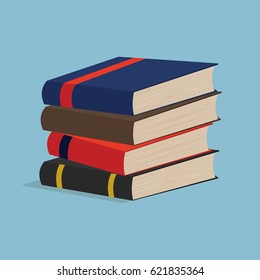 Stack of multicolor books on blue background