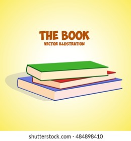 Stack of multicolor books on yellow background. Beautiful colorful three books. Set of green red and blue book icons. School icon. Education design with books pile. Cartoon style. Vector illustration.