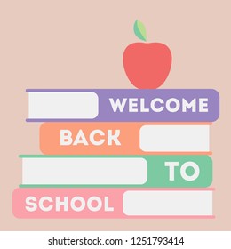 a stack of multi-colored books with an apple on top welcome back to school with coral background postcard