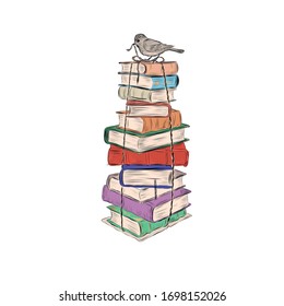 Stack of multi-colored books tied with a rope. Hand drawn flat literature for education