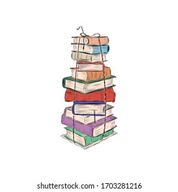 Pila de libros multicolores atados con una cuerda. Literatura plana hecha a mano para la educación