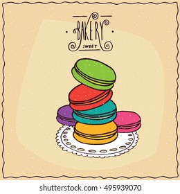 Stack of multi-colored French cookies, known as the macaron, lie on lacy napkin. Beige background and ornate lettering bakery. Handmade cartoon style. Vector illustration