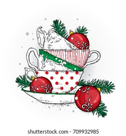 A stack multi  colored vintage cups and Christmas balls  Vector illustration for postcard poster  Tea  coffee cappuccino  New Year 