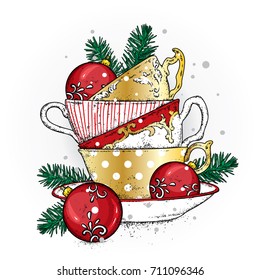 A stack multi  colored vintage cups and Christmas balls  Vector illustration for postcard poster  Tea  coffee cappuccino  New Year 