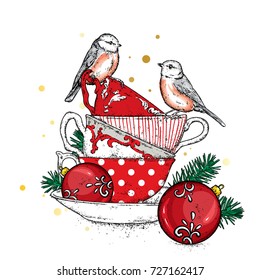 A stack multi  colored vintage cups and Christmas balls  Vector illustration for postcard poster  Tea  coffee cappuccino  New Year  Cute birdies 
