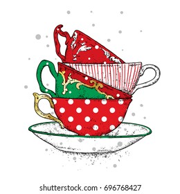 A stack multi  colored vintage cups  Vector illustration for postcard poster  Tea  coffee cappuccino 