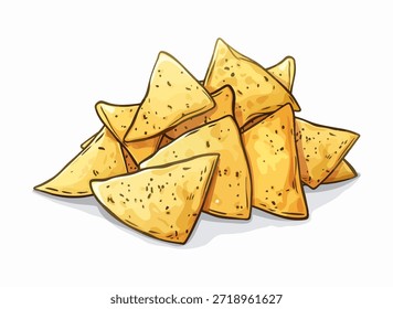 Una pila de nachos se representa en un estilo de dibujos animados con un diseño plano. Los nachos tienen forma de triángulos y tienen una textura nítida, mostrando ligeras variaciones que sugieren un aspecto casero. Están dispuestas en una pila desordenada sobre un fondo blanco liso. Este visual se enfoca en la forma y apariencia de los nachos, lo que facilita su reconocimiento en varias Configuraciones