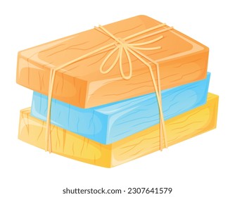 A stack of natural homemade fragrant soap bars tied with a rope. Vector isolated cartoon illustration, hygiene cosmetic product set.