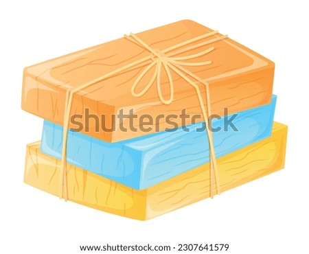 A stack of natural homemade fragrant soap bars tied with a rope. Vector isolated cartoon illustration, hygiene cosmetic product set.