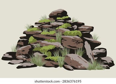 Stack of natural layered stones and brown rocks with small patches of green grass and moss growing in the crevices.