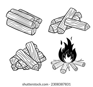 Stack of nature firewood. Line monochrome black sketch. Hand drawn fire and firewood black icon.