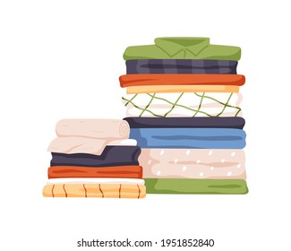 Stack Of Neat And Clean Clothes. Pile Of Neatly Folded Shirts, Tshirts, Jeans, Trousers, Pants And Bath Towels. Flat Cartoon Vector Illustration Isolated On White Background
