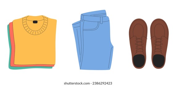 A stack of neat and clean clothes. Preparing for the trip. Clothes design elements isolated on a white background. Vector flat cartoon illustration EPS10