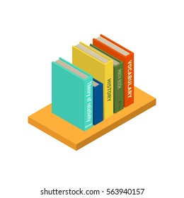 Stack of new 3d colorful books and tutorials on a bookshelf. Isometric flat classbooks and textbooks icon. Education symbol logo. Illustration vector art.