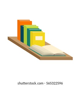 Stack of new 3d colorful books and tutorials on a bookshalf and one open book. Isometric flat classbooks and textbooks icon. Education symbol logo. Illustration vector art.