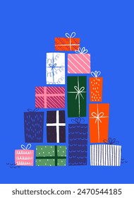 Stack of New Year's gifts in the form of a Christmas tree on a blue background, hand drawn, colorful card