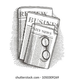 Pila de periódicos y vasos. Ilustraciones de estilo grabado a mano.