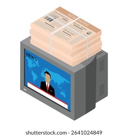 Stack of newspapers and retro TV with breaking news on screen. Broadcasting and media concept. Vector illustration, isolated on white
