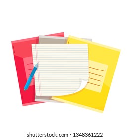 
stack of notebooks with a blank sheet and pen