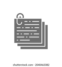 Stack of notes, documents with paperclip, recipe, text grey icon.