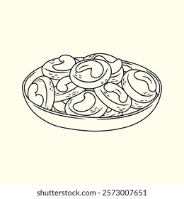 Stack of Nut Cakes on a Round Plate. Thin line illustration.