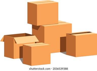 Stack of oddly placed cardboard boxes some open and some partially open which represents packing, shipment, delivery, clip art of supply chain management and business processes. realistic 3d vector.