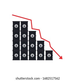 stack of oil barrels and decrease financial arrow icon over white background, flat style, vector illustration