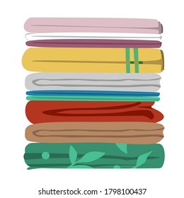 Stack of old bedroom linen of different patterns and colors. Quilts, comforters, and duvet covers pile isolated on white background. Vector illustration.