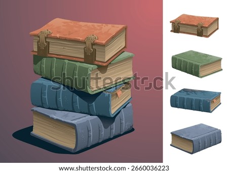 A stack of old books, each book is drawn and grouped separately to easily remove or arrange.
