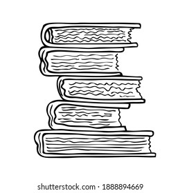 A stack of old books. Hand drawing. Battered pages.