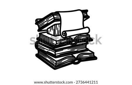 Stack of old books with a rolled up parchment on top