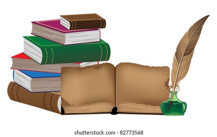Stack of old books and writing utensils