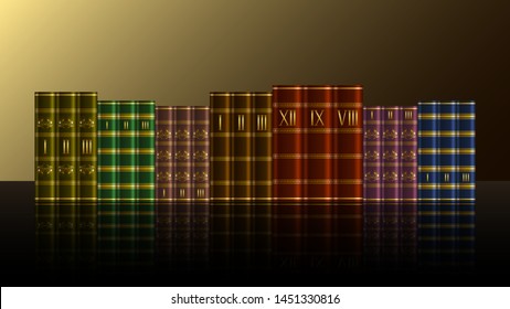 Stack of old expensive books with gold patterns on a reflection  surface. Realistic Vector, illustration.