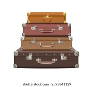 Stack of old suitcases on white background. Vector realistic illustration