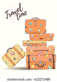Stack of old vintage suitcases. Retro elements can be used for holiday cards, invitation, postcard or website. Hand drawn illustration of different travel bags.