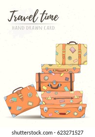 Stack of old vintage suitcases. Retro elements can be used for holiday cards, invitation, postcard or website. Hand drawn illustration of different travel bags.