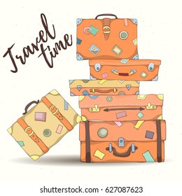 Stack of old vintage suitcases. Retro elements can be used for holiday cards, invitation, postcard or website. Hand drawn illustration of different travel bags.